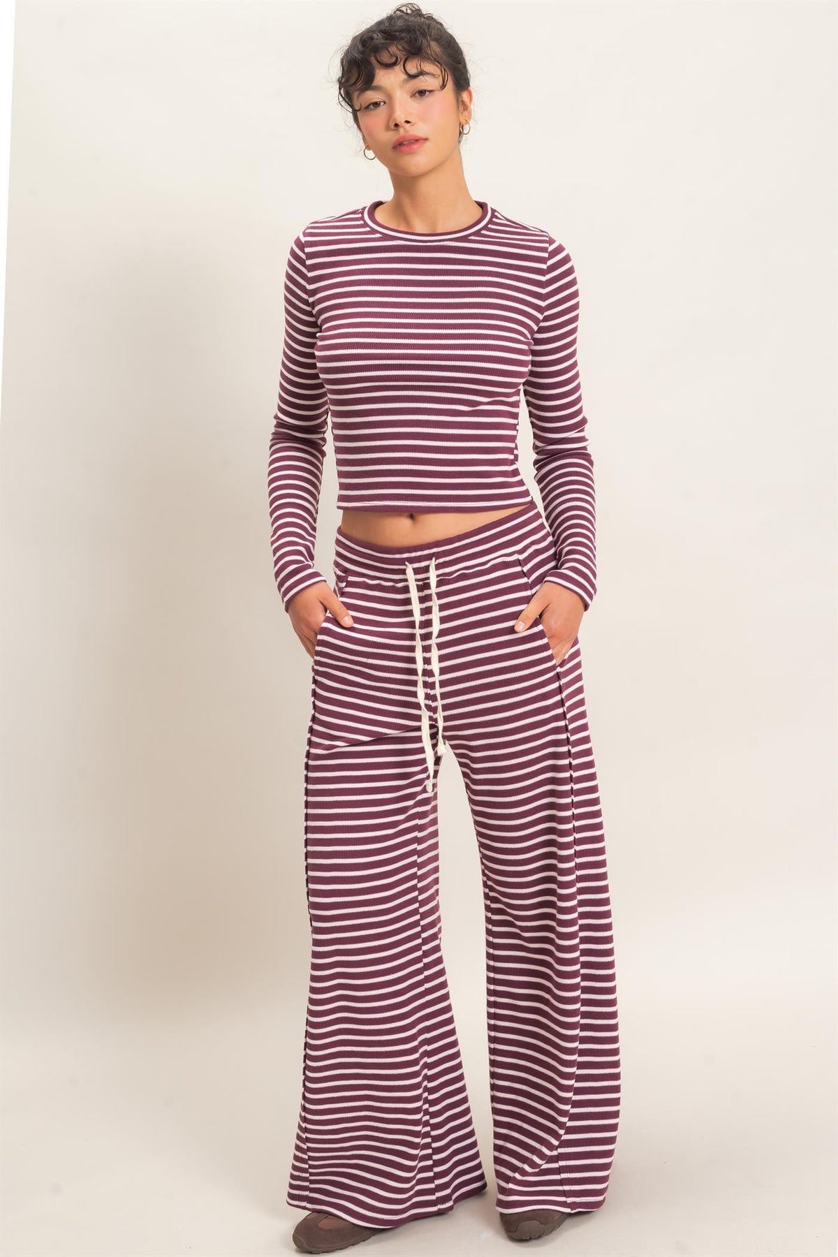 Striped Waffle Long Sleeve Top & Pants Set