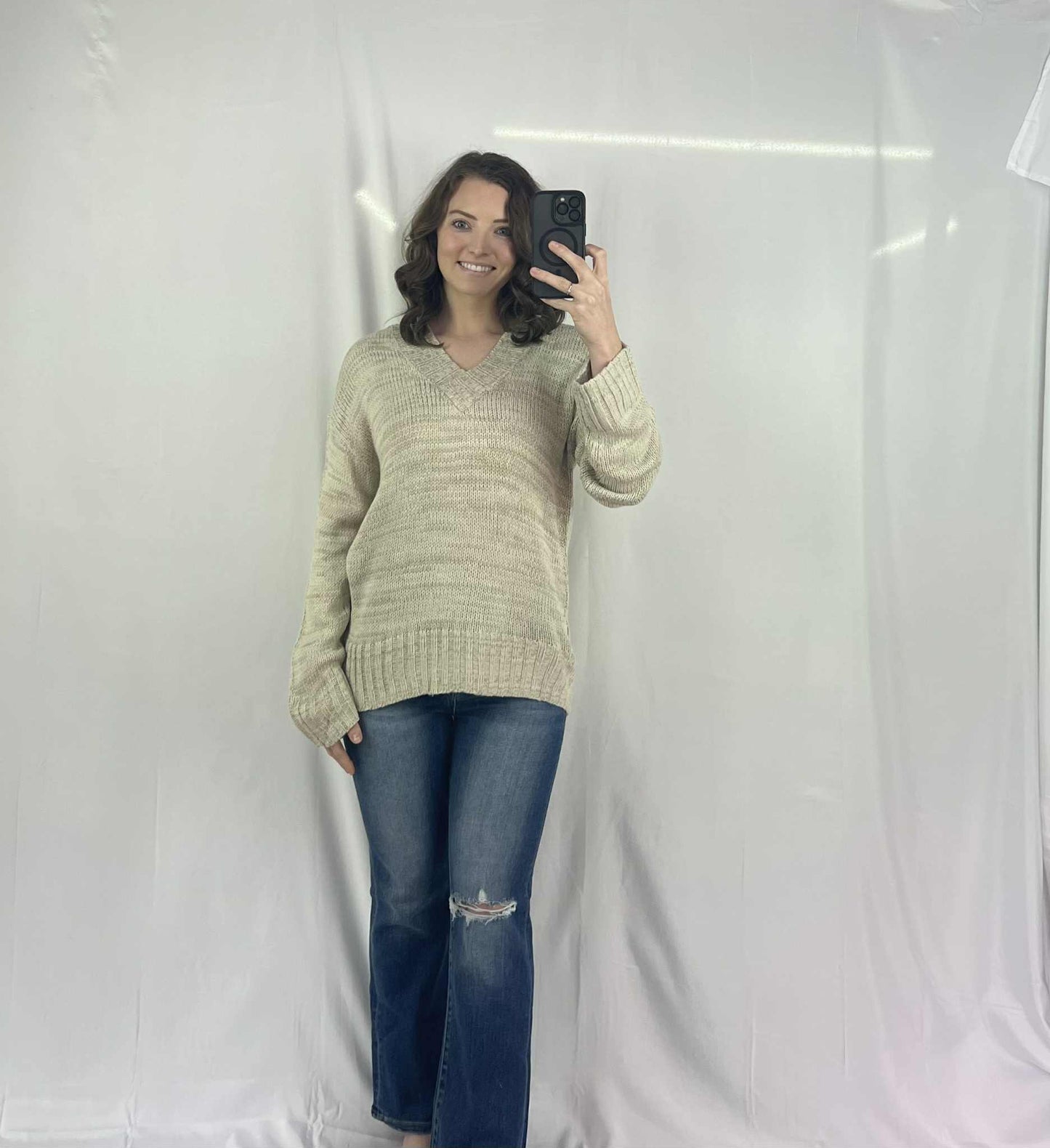 Khaki V neck Drop Shoulder Knitted Sweater