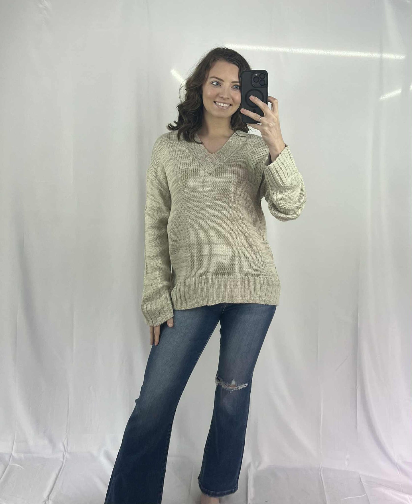 Khaki V neck Drop Shoulder Knitted Sweater