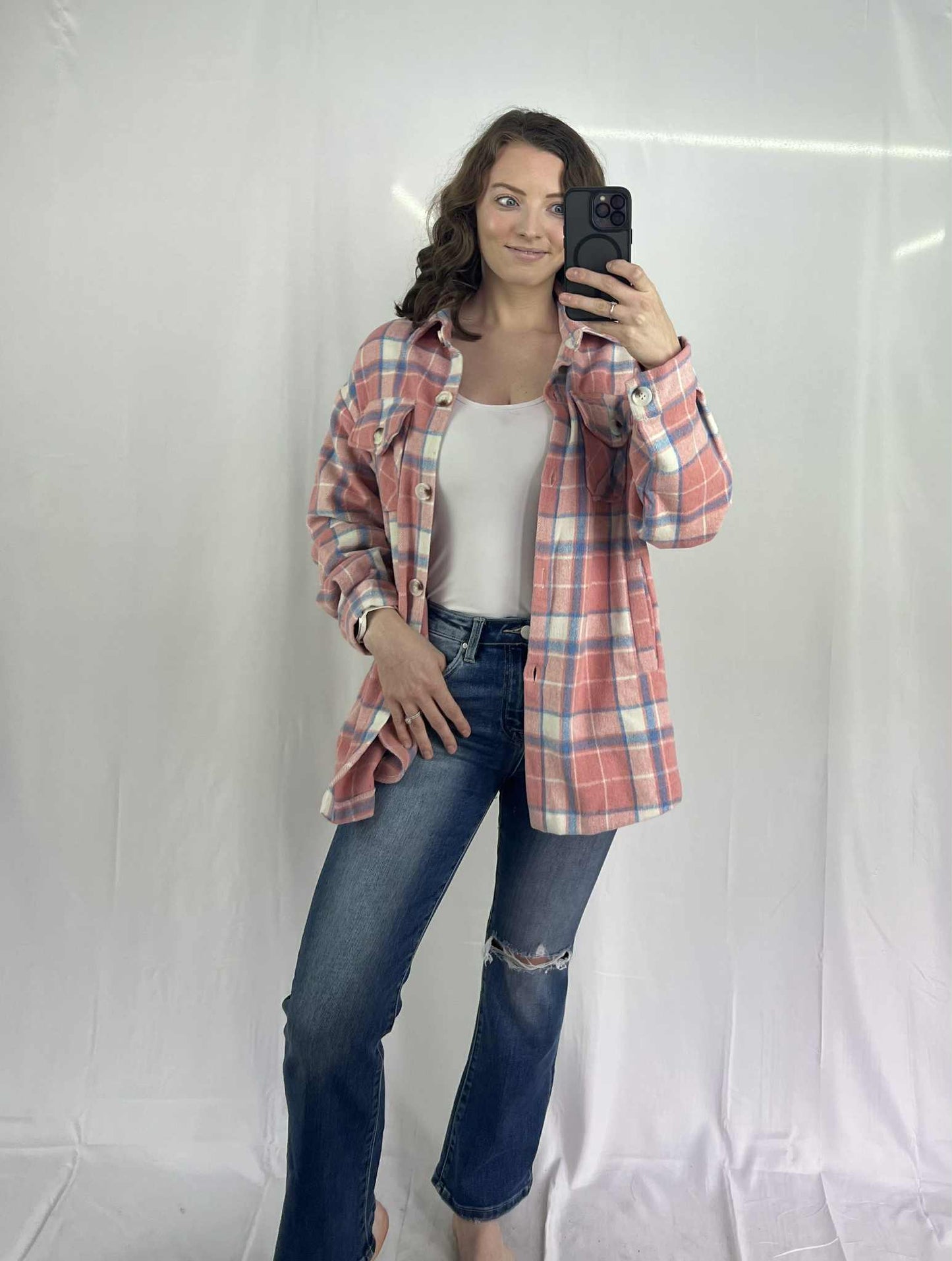 Pink Plaid Flap Pocket Button Up