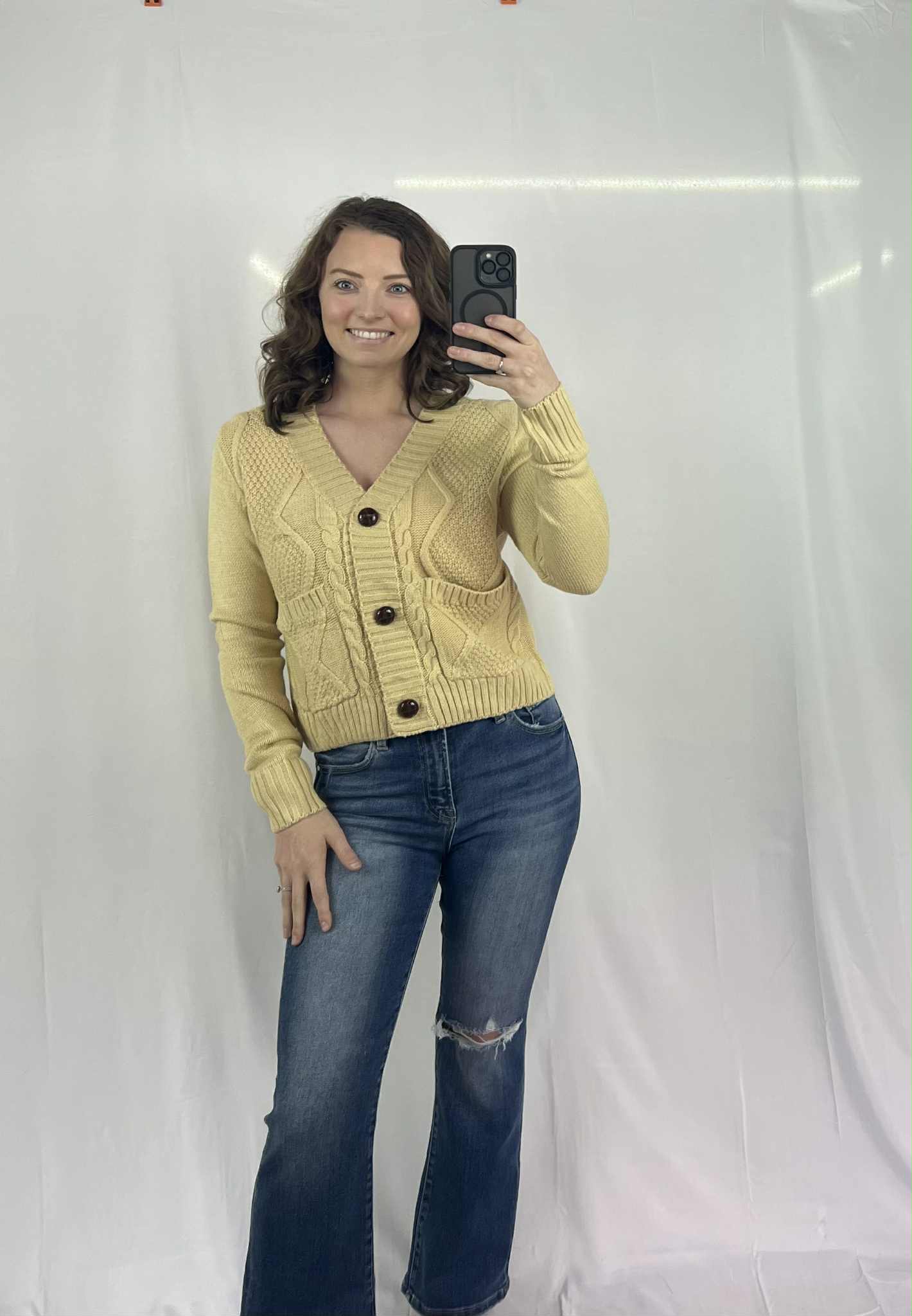 Front Pockets Buttons Textured Cardigan