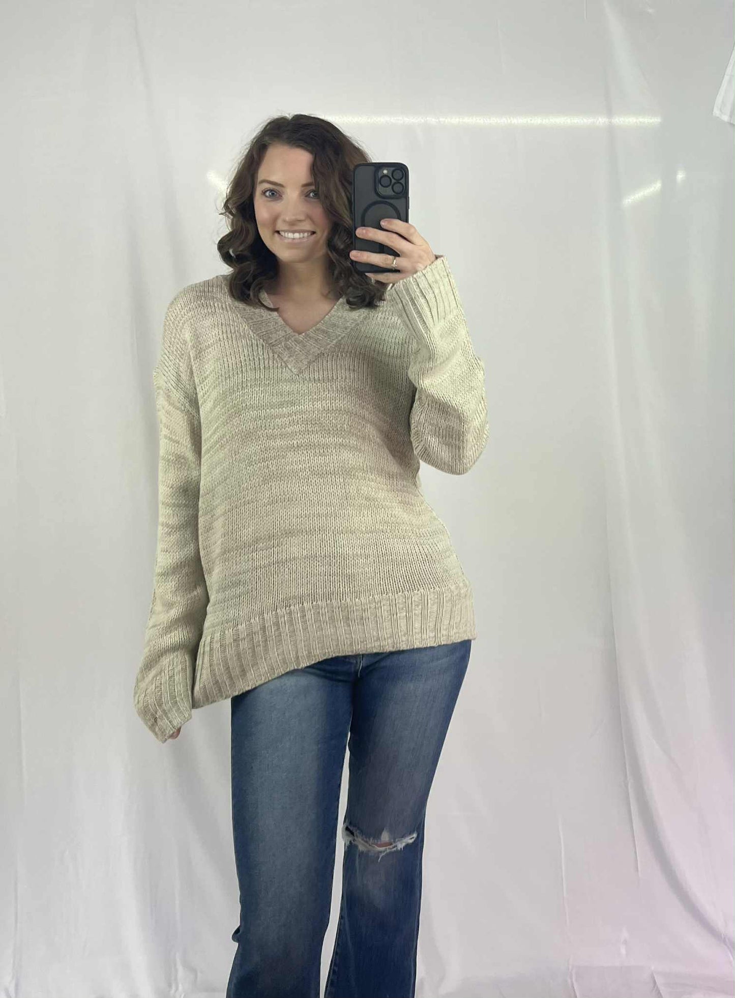 Khaki V neck Drop Shoulder Knitted Sweater