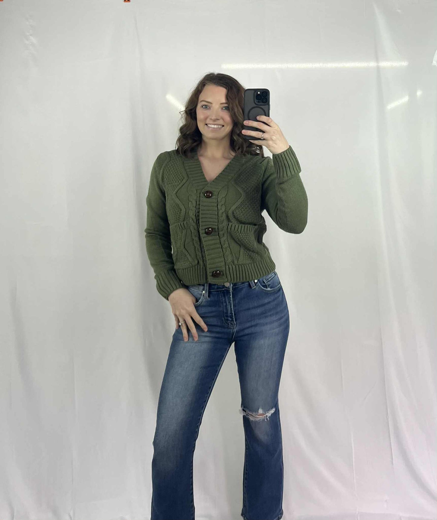 Front Pockets Buttons Textured Cardigan