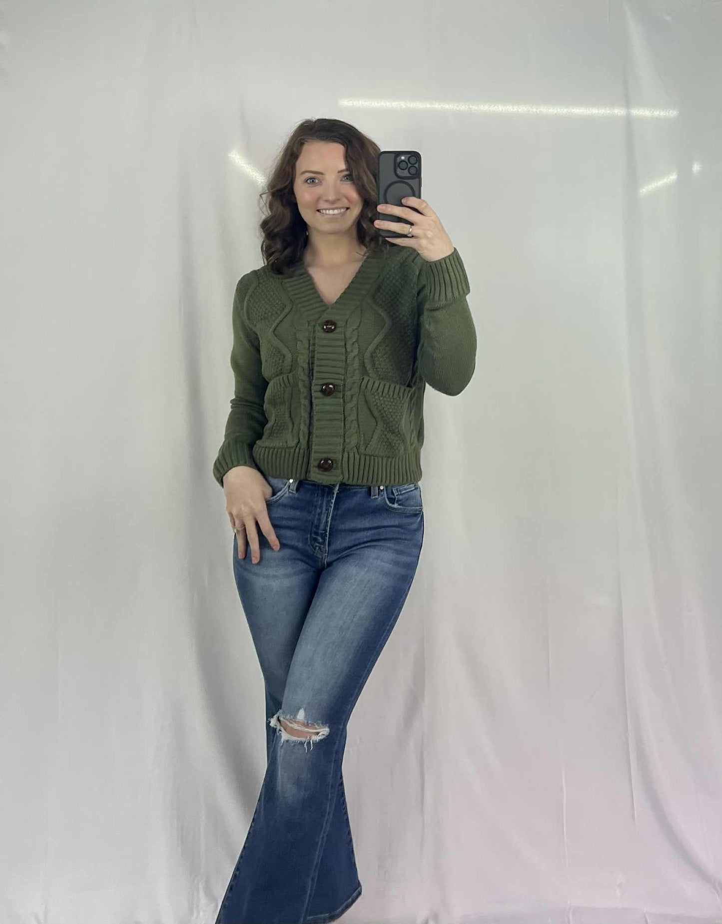 Front Pockets Buttons Textured Cardigan