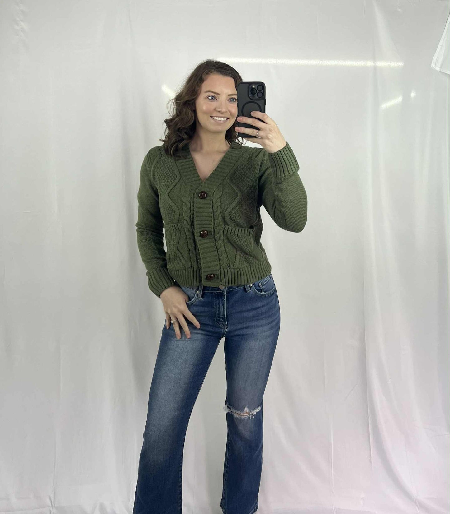 Front Pockets Buttons Textured Cardigan