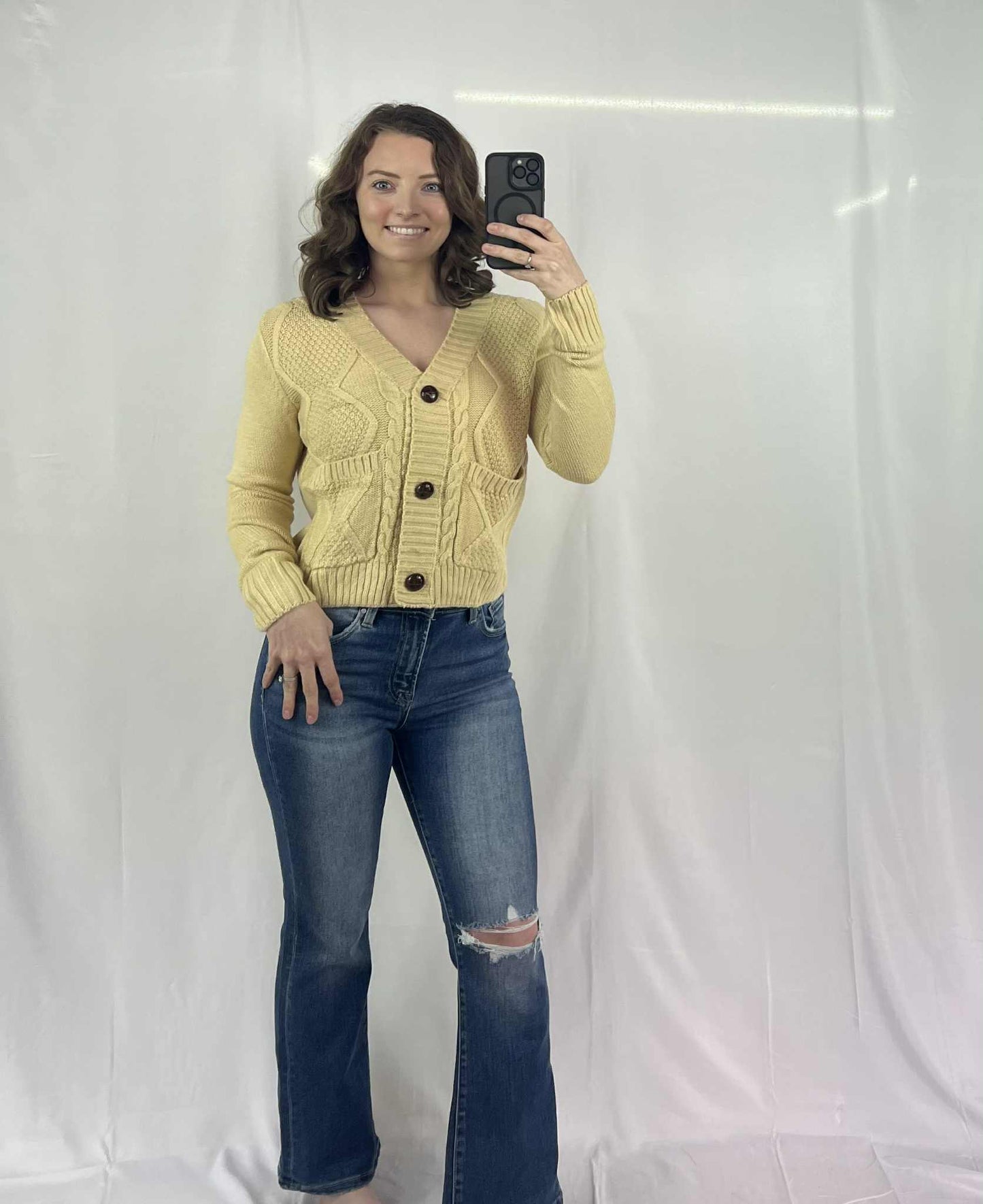 Front Pockets Buttons Textured Cardigan