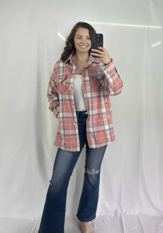 Pink Plaid Flap Pocket Button Up