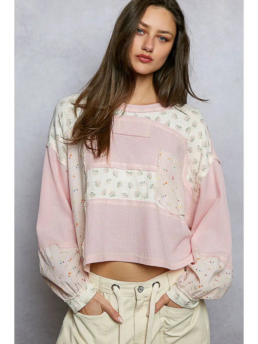 Long Sleeve Round Neck Floral Stripe Stitch Knit Top
