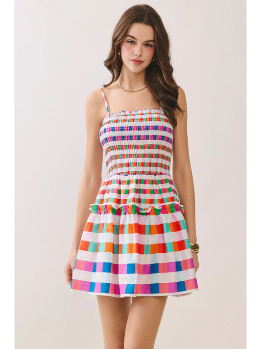 Multi Color Checkered Smocked Bodice Mini Dress