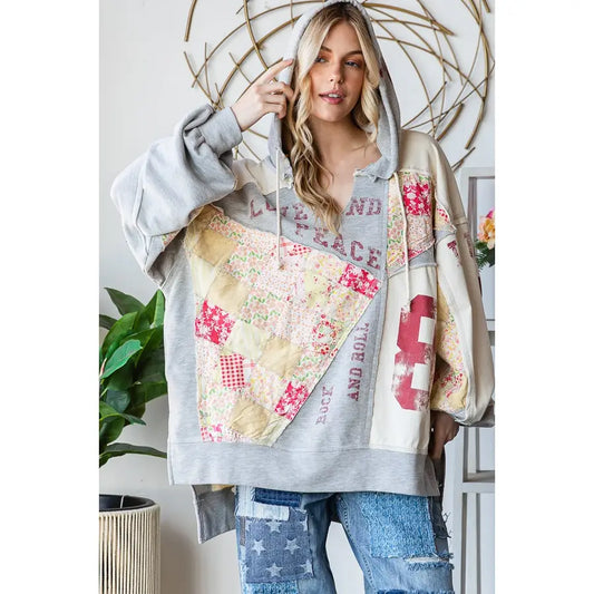 Washed Patchwork Letter Print Detail Hooded Top