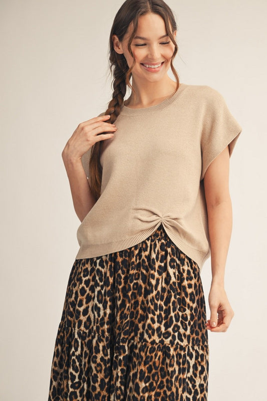 Drop Shoulder Front Knotted Sweater Top