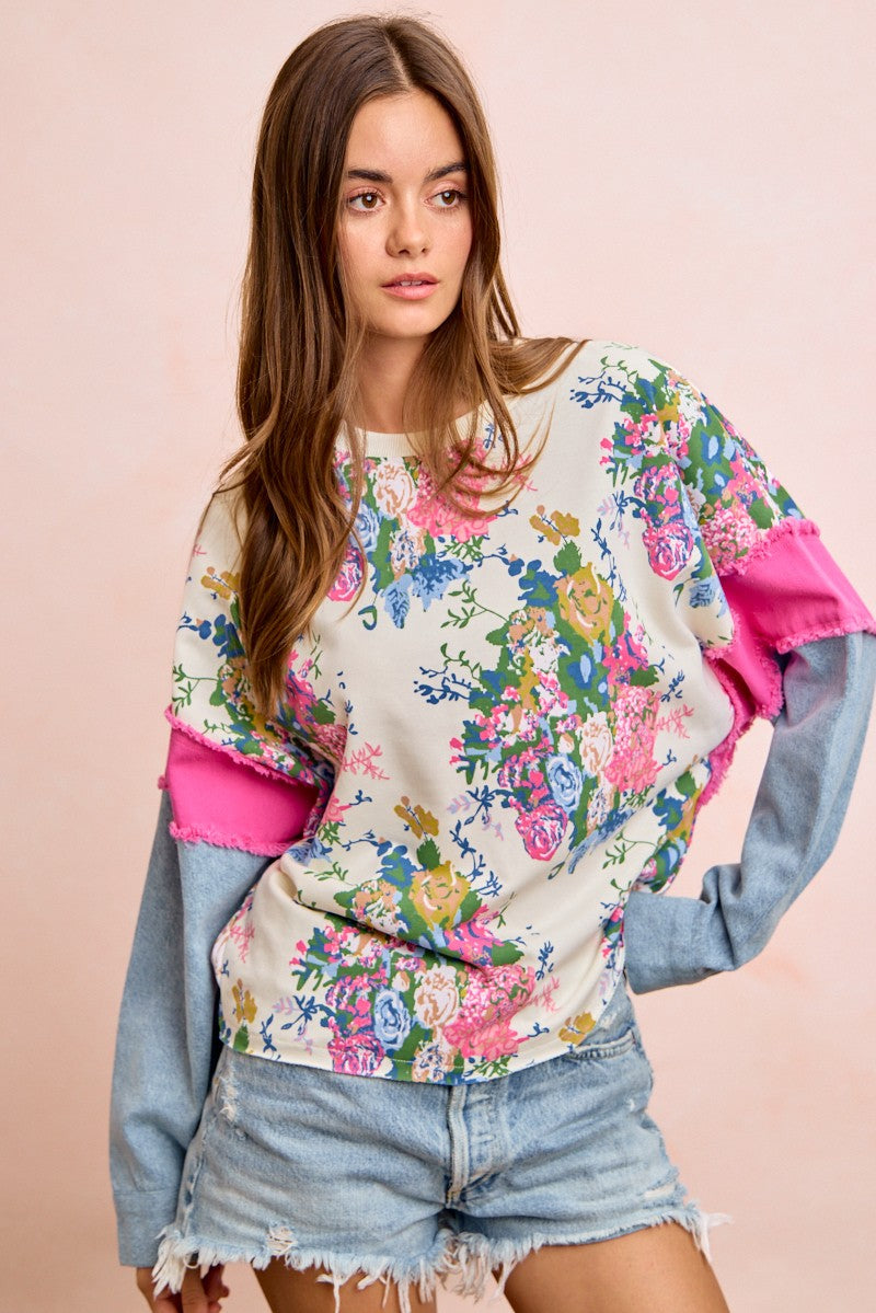 Floral Printed Terry With Denim Sleeves Top