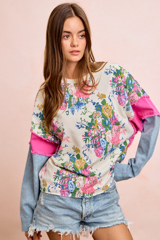 Floral Printed Terry With Denim Sleeves Top