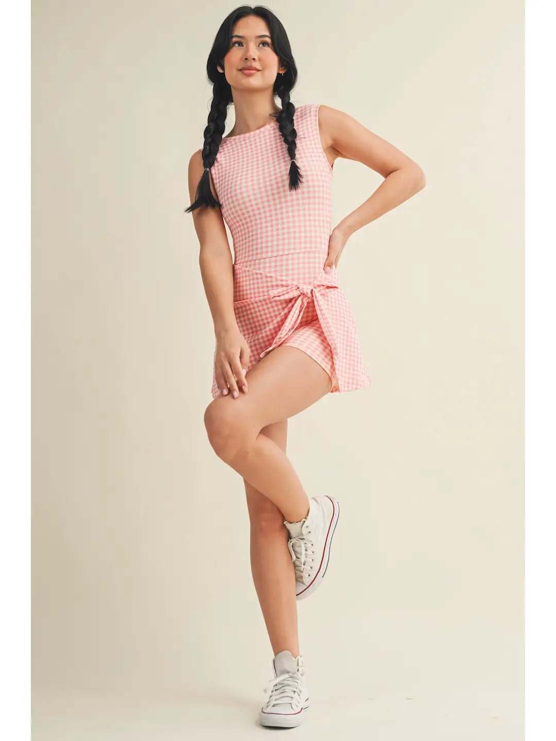Gingham Print Sleeveless Wrap Tie Front Dress