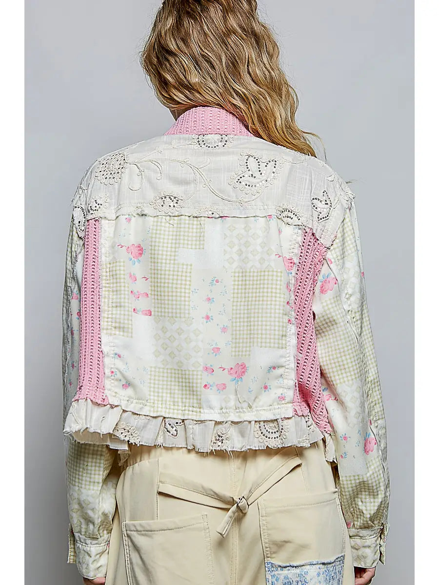 Printed Twill Ruffle Hem Lace-Up Cropped Jacket