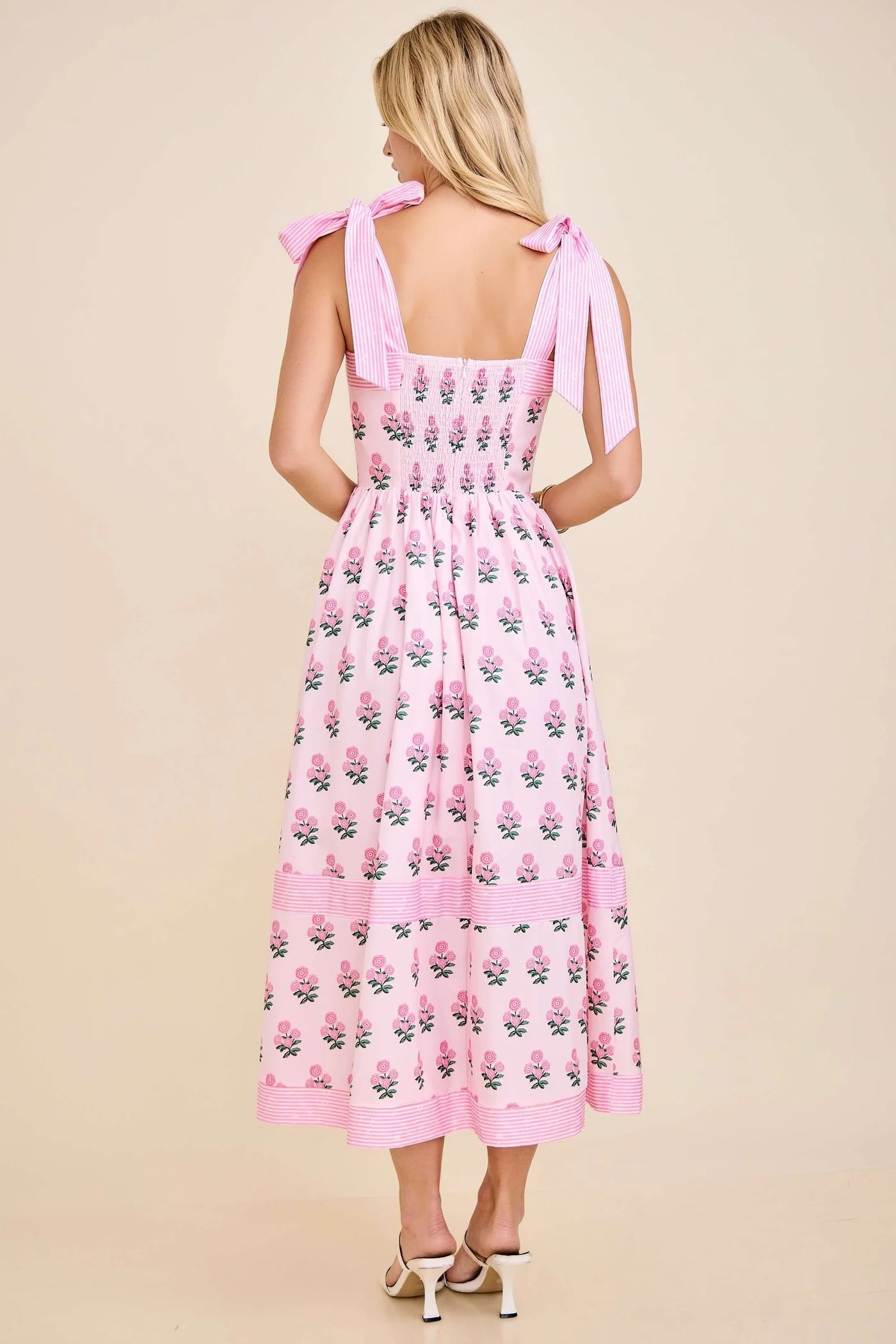 Pink Floral Tie Strap Midi Dress