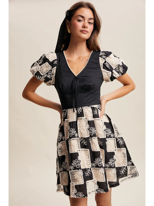 Embroidered Check Puff-Sleeve Dress