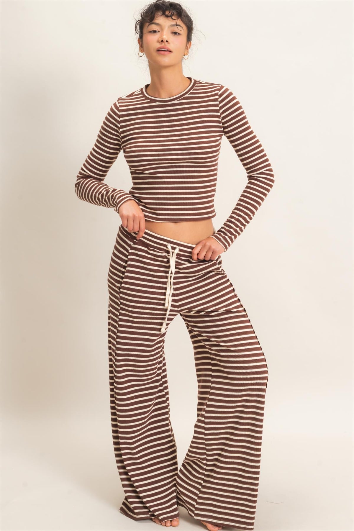 Striped Waffle Long Sleeve Top & Pants Set