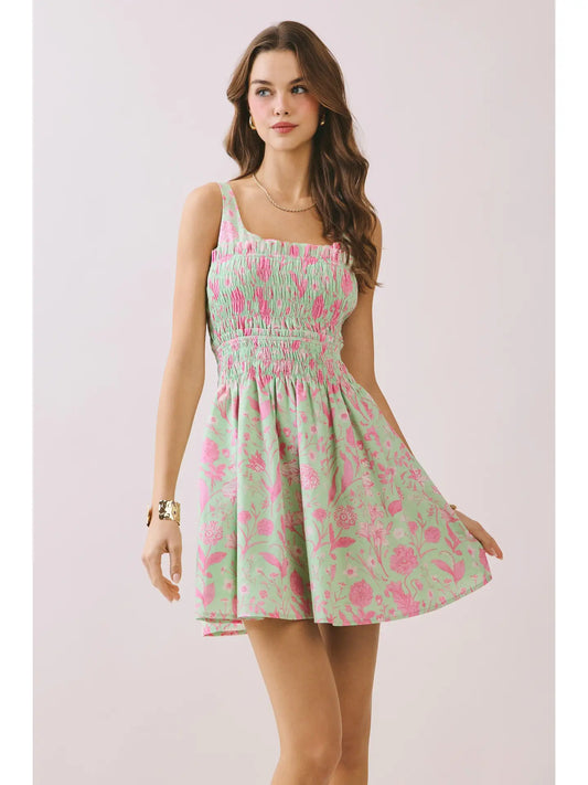 Floral Print Smocked Bodice Wide Straps Dress