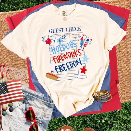 Hotdogs, Fireworks, Freedom Check Ivory Tee