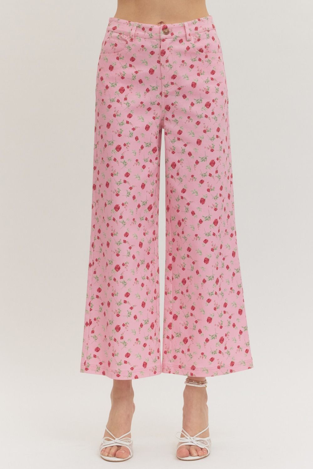 Botanical print wide leg pants w/ pleat detail