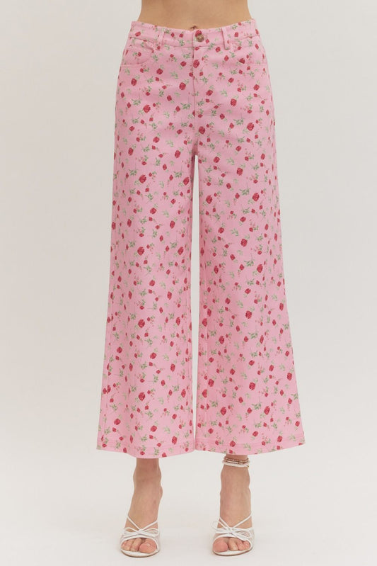 Botanical print wide leg pants w/ pleat detail