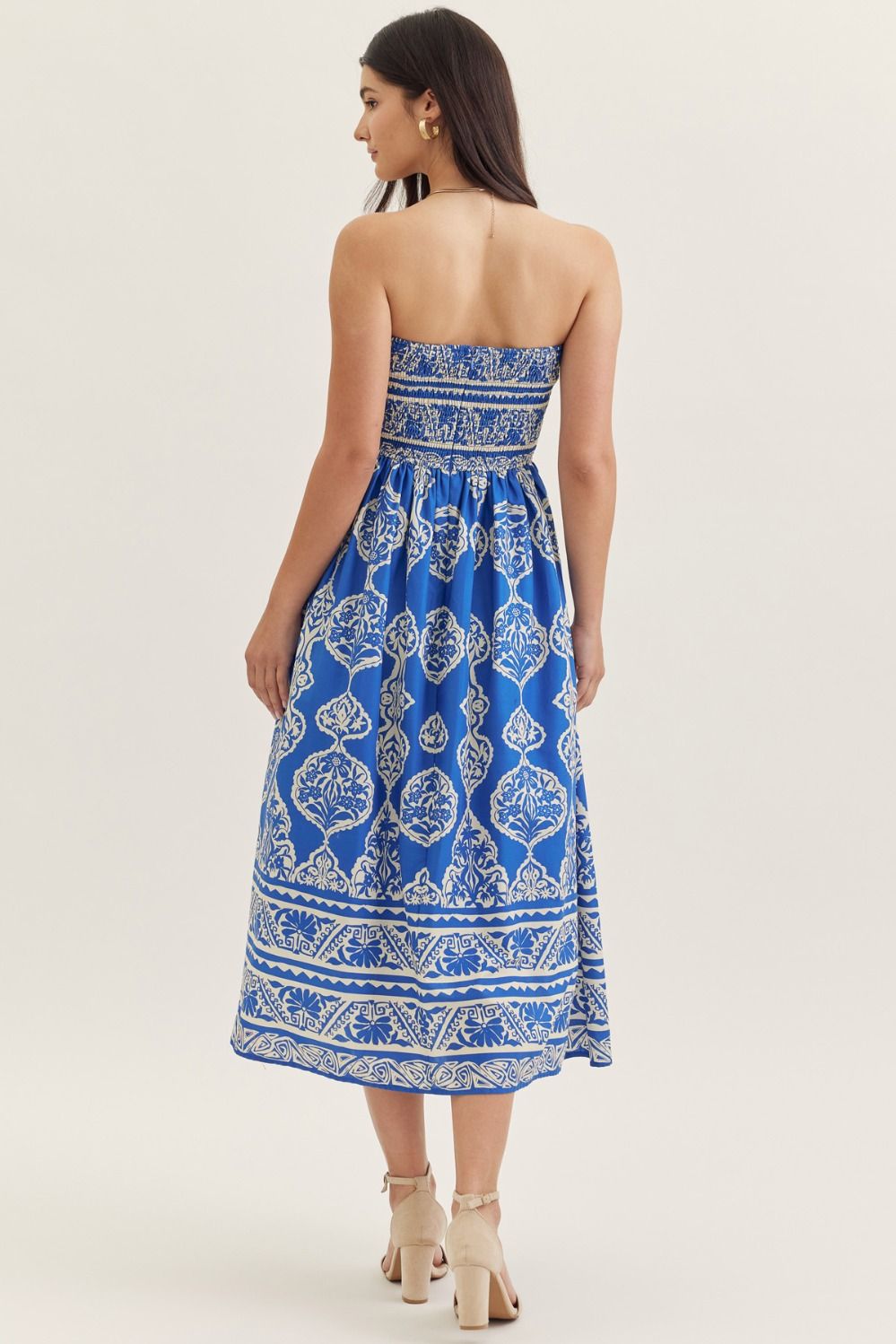 Printed strapless midi dress