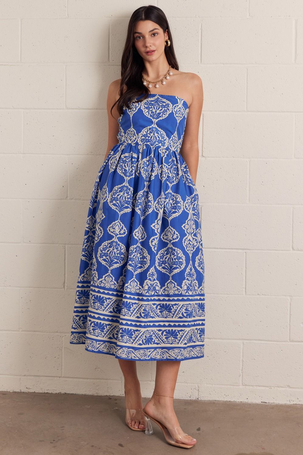 Printed strapless midi dress