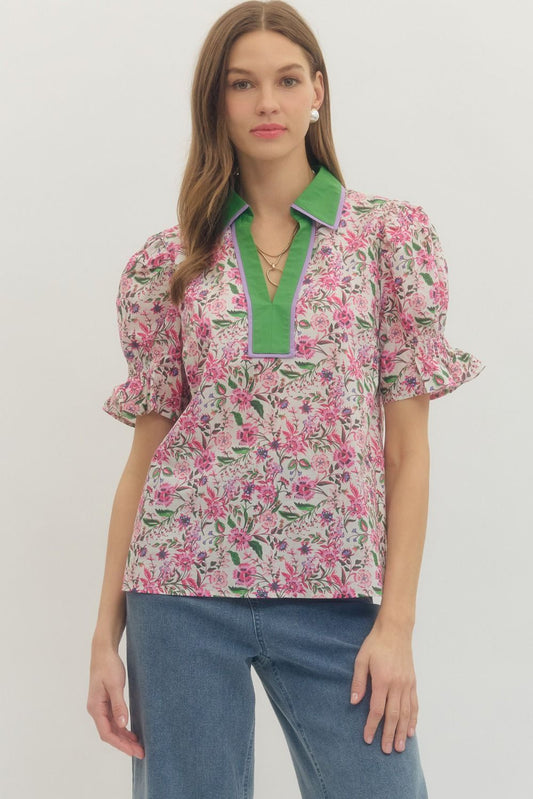 Floral print short puff sleeve waist-length top