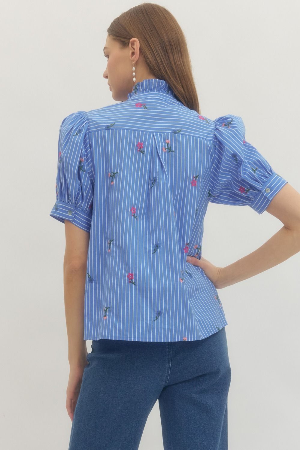 Floral stripe short puff sleeve top