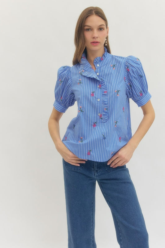 Floral stripe short puff sleeve top