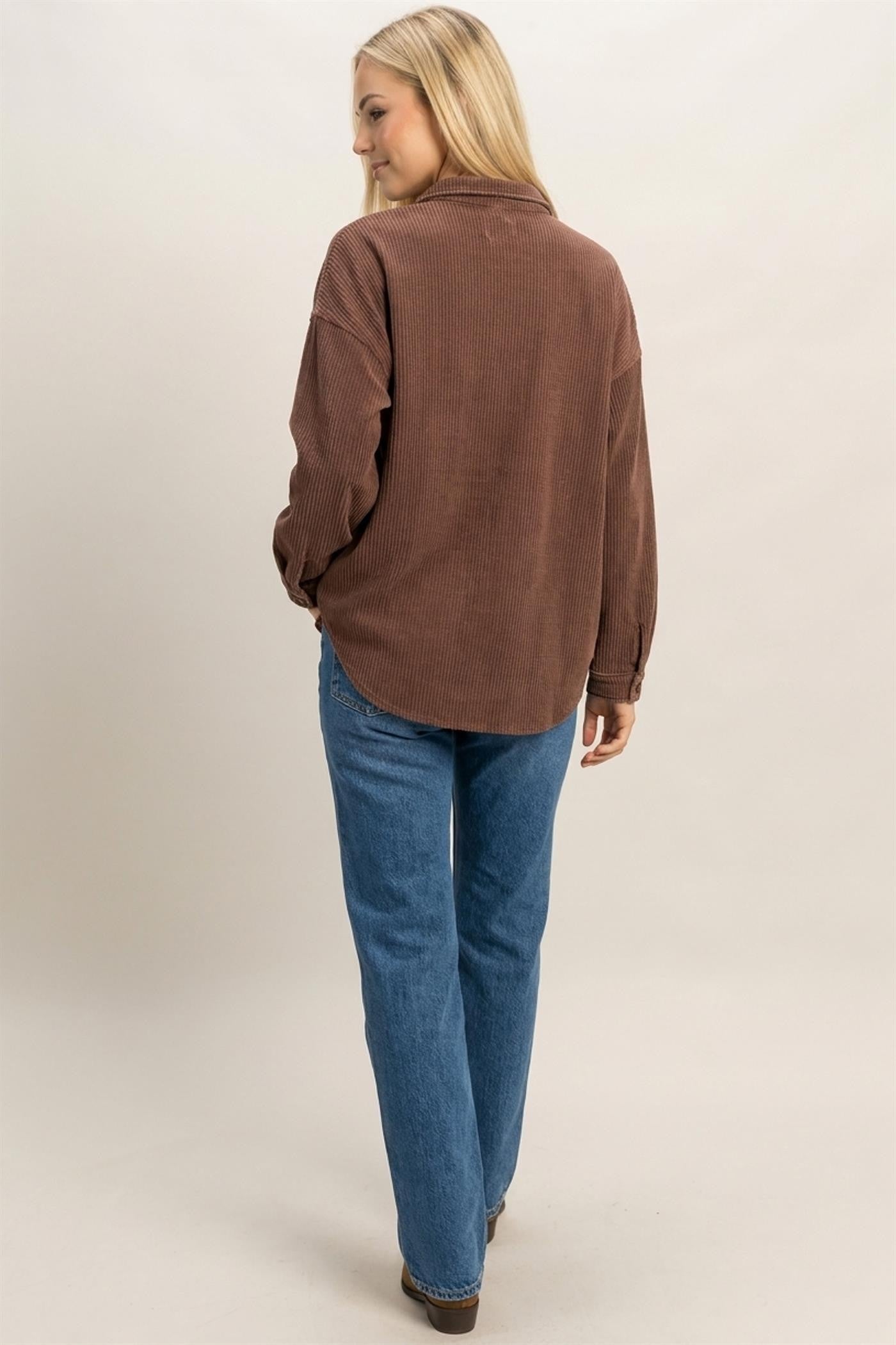 Mineral Wash Waffle Knit Button-up Shacket