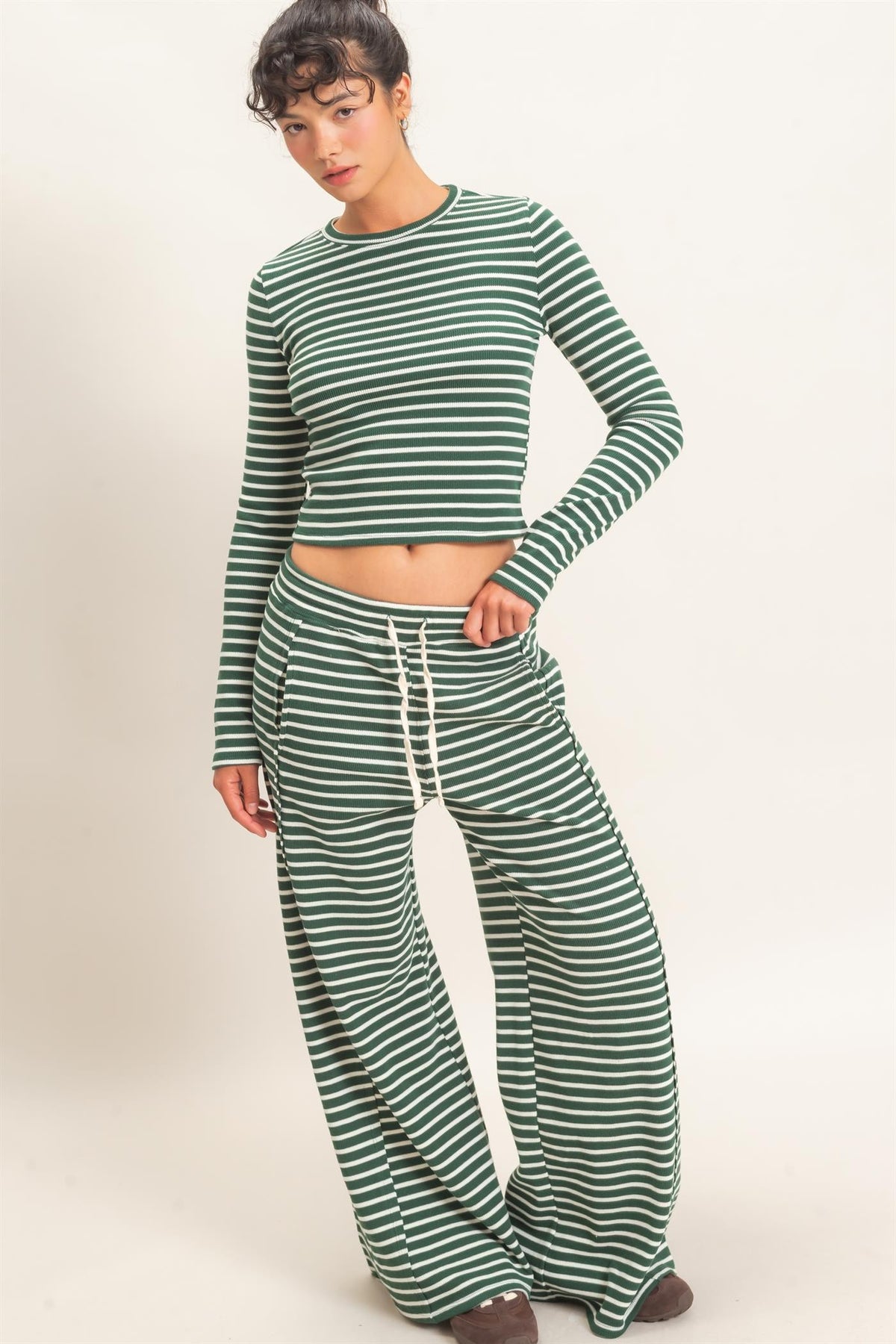 Striped Waffle Long Sleeve Top & Pants Set