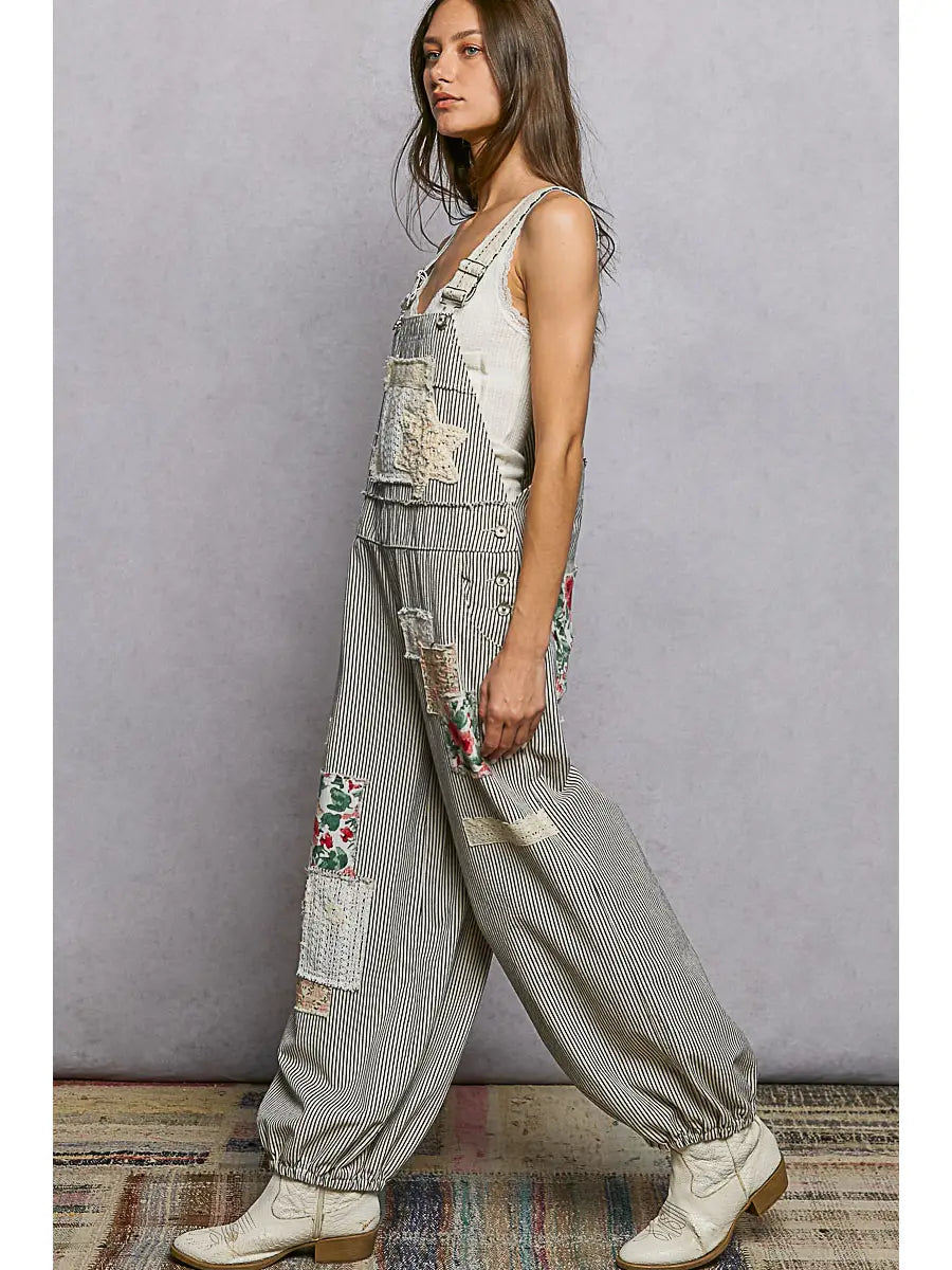 Adjustable Strap Lace Contrast Patchwork Woven Overall