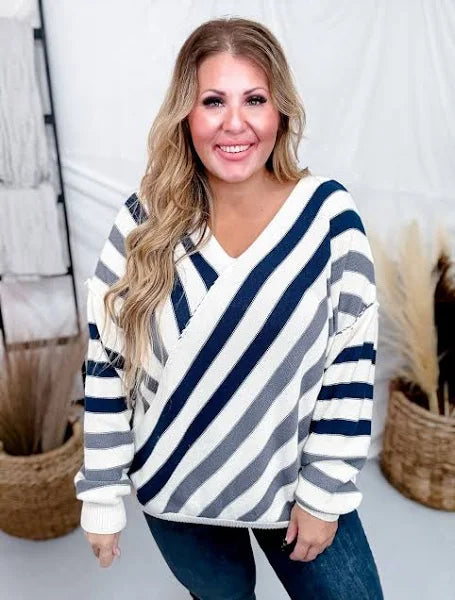 Diagonal Stripe V-neck Long Sleeve Sweater