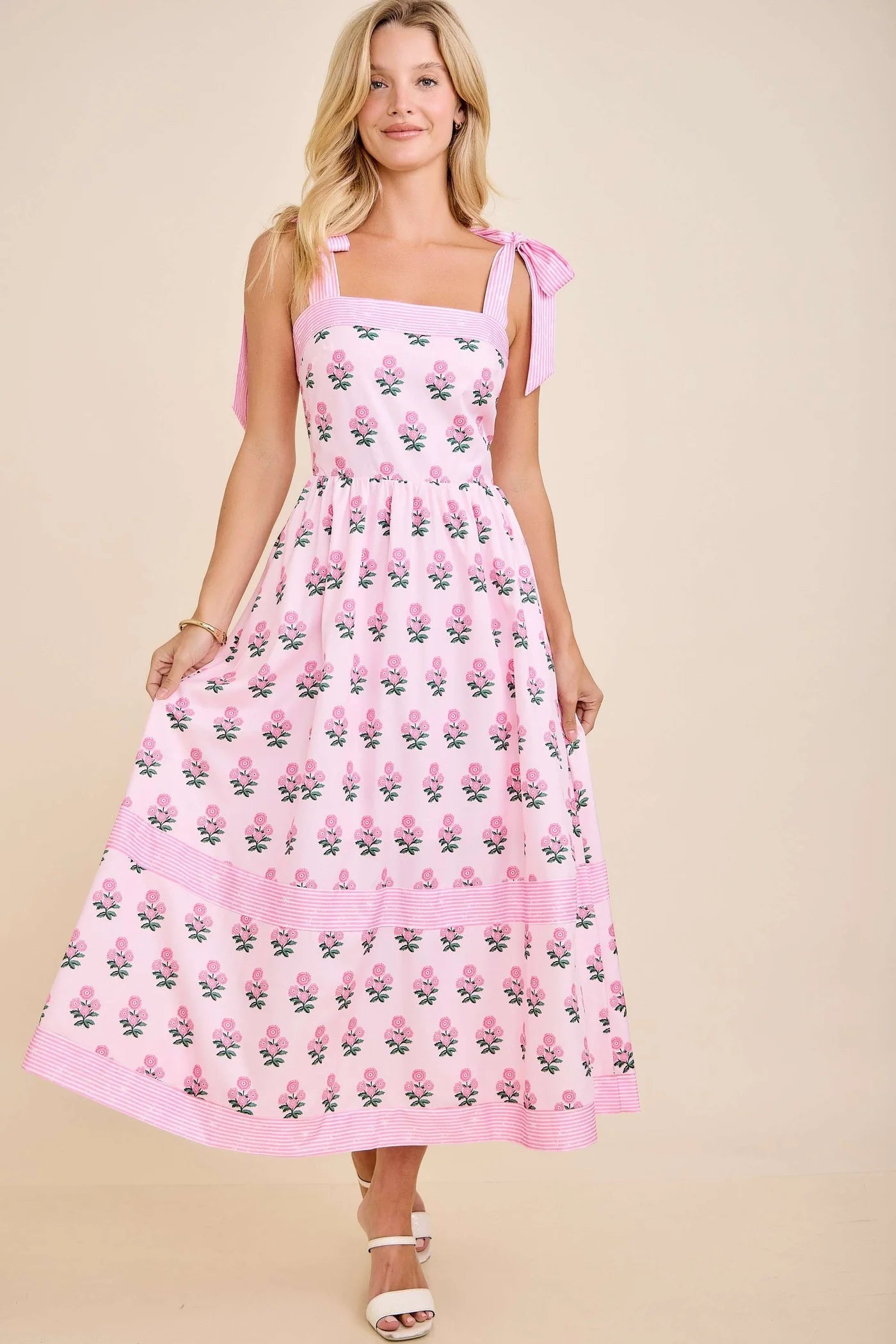 Pink Floral Tie Strap Midi Dress
